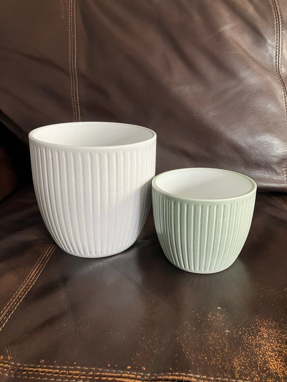 Made in Germany Ceramic Planters Set of 2 Ribbed White Green Pottery Pots